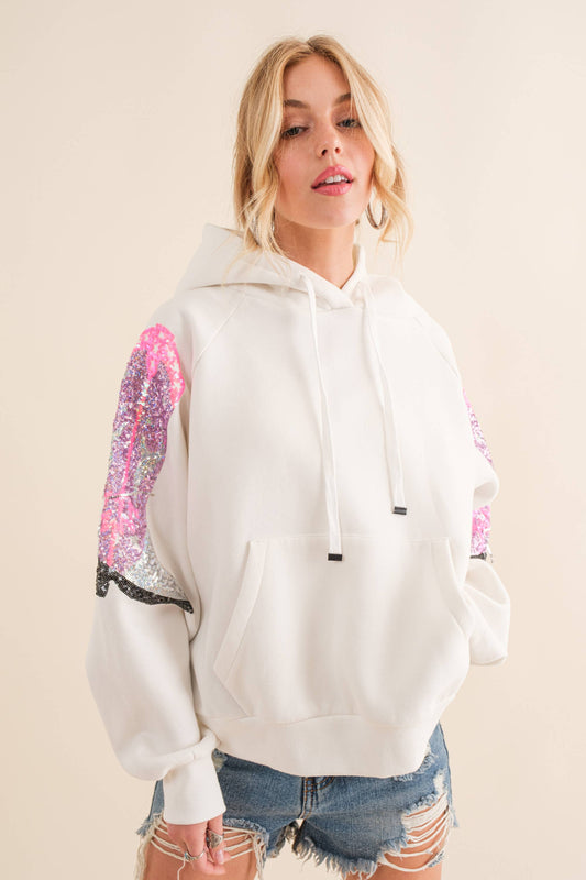 22676J - Fleece Terry Sequin Cowgirl Boots Hoodie: S / OFF WHITE