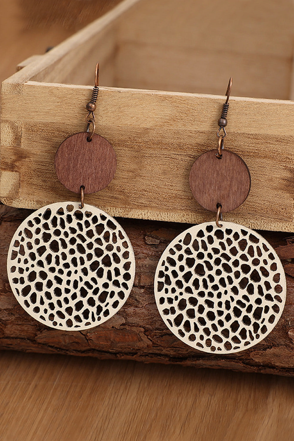 Wood Hollow Out Wooden Round Drop Earrings