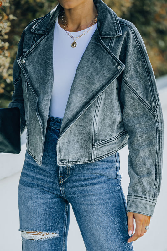 Gray Lapel Collar Open Front Denim Jacket