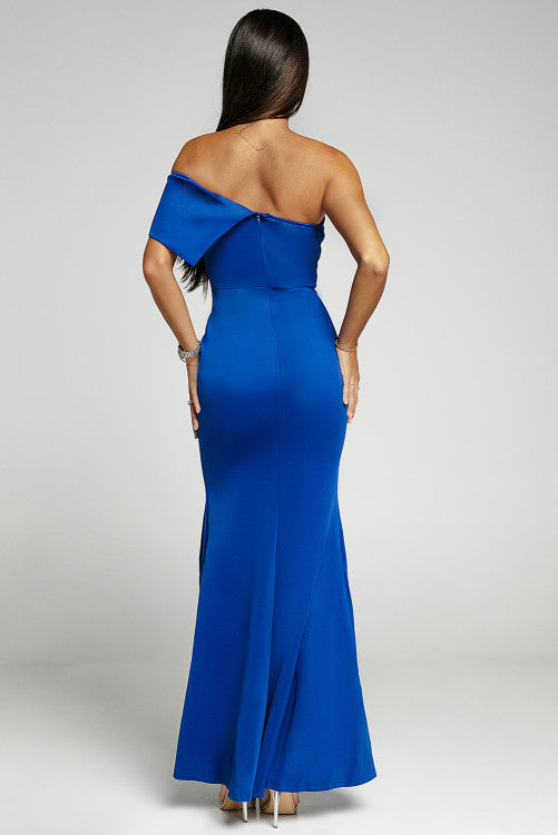 Blue Off The Shoulder One Sleeve Slit Maxi Prom Dress Moo
