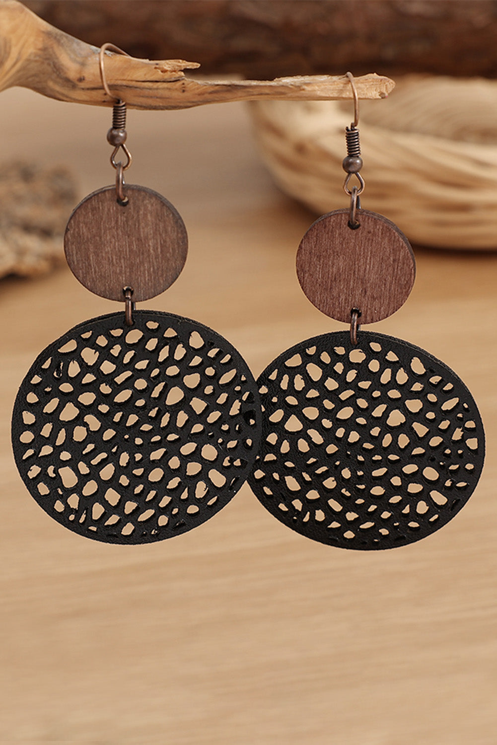 Wood Hollow Out Wooden Round Drop Earrings